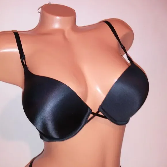 Victoria Secret Bra Set 32D Bombshell Push Up Small Panty Black Thong Solid New